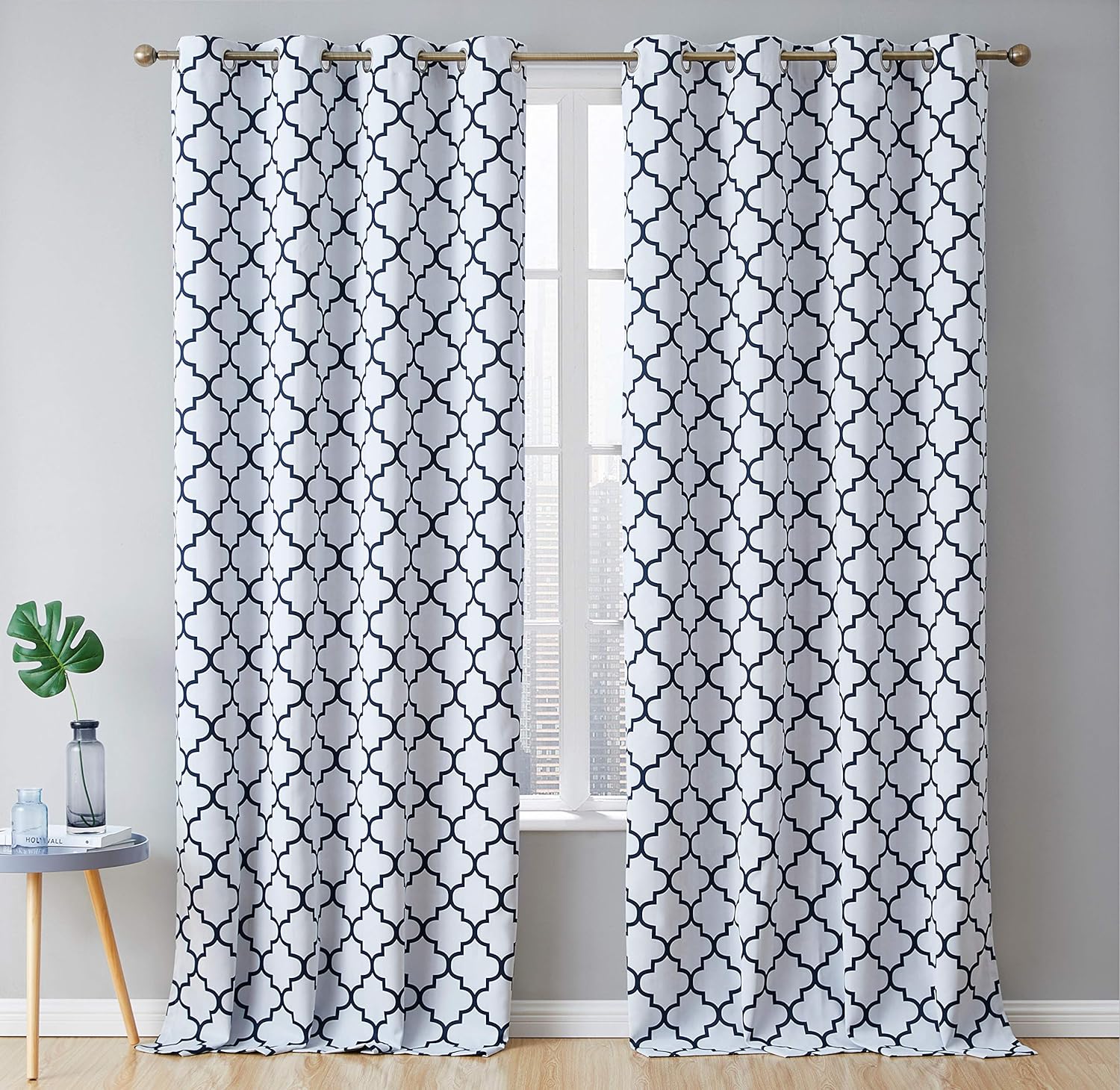 HLC.ME Lattice Print Design Blackout Curtains 72 Long - Thermal Insulated Soundproof Darkening Grommet Window Treatments Set Draperies for Bedroom - 2 Panels - 37 W x 72 L - Platinum White  Navy Blue