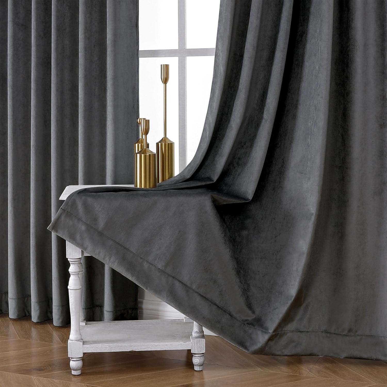 OWENIE Odette Silver Velvet Curtains [2 Panels] Total Blackout Elegant Back Tab Warm Curtains Thermal Insulated Soundproof Energy Efficiency Curtains/Drapes for Classical Living Room Bedroom 52 x 63